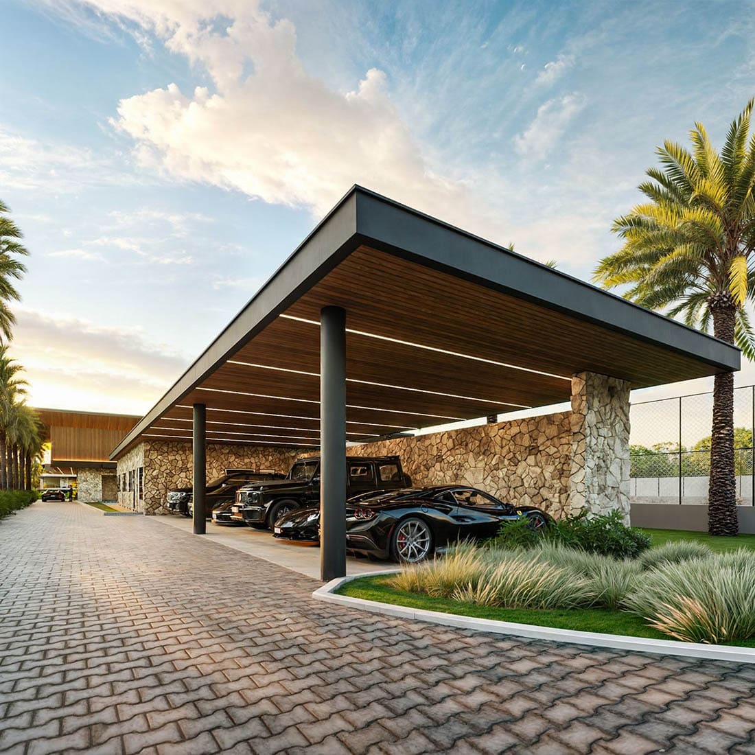 Дерево, камень и металл - большой навес для нескольких автомобилей №9