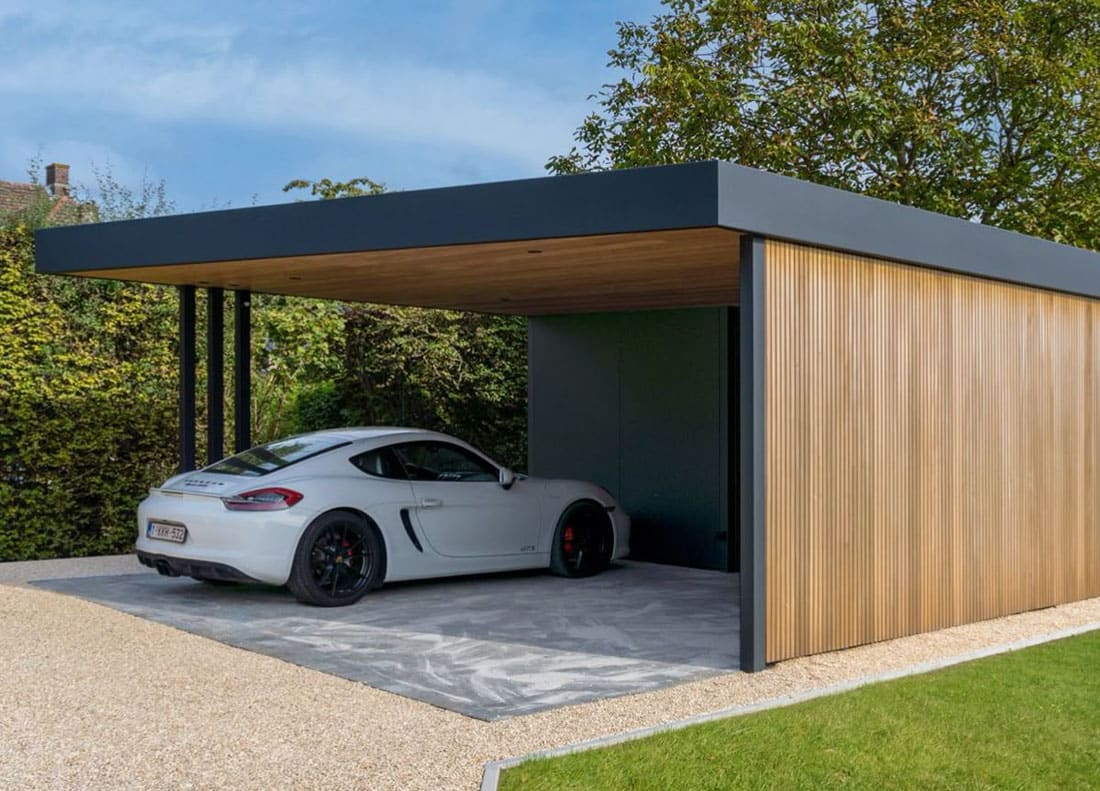 Современный дизайн автомобильного навеса с хозблоком №12