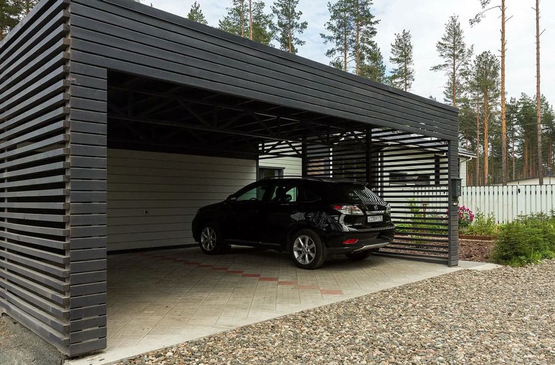 Современный навес для двух авто с деревянной отделкой №17