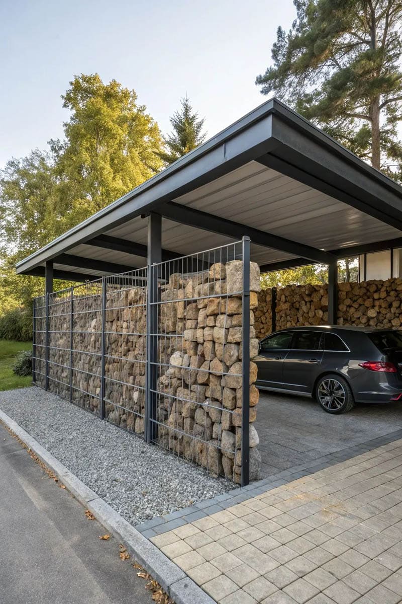 Отличный дизайнерский пример сочетания габионов в конструкции современного навеса для двух автомобилей №24