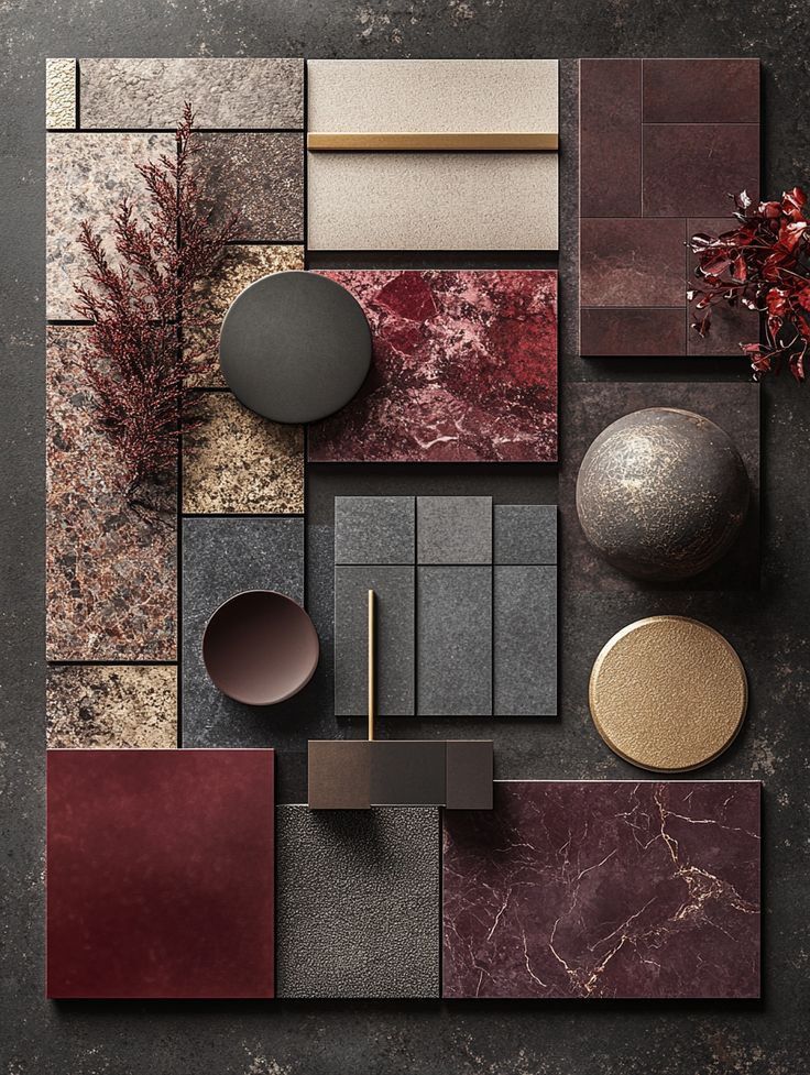 Вариант стильного сочетания материалов для дизайна в бордовом №73