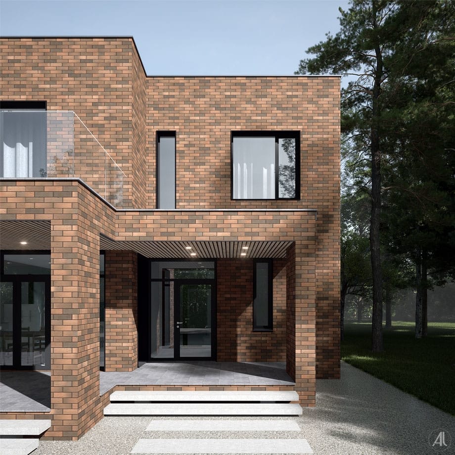 Архитектурный проект загородного кирпичного двухэтажного дома в современном стиле