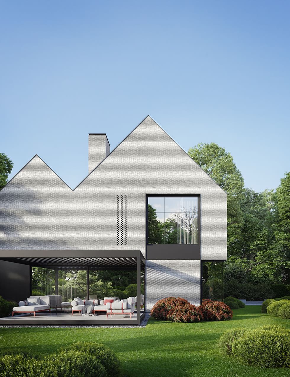 лаконичные и стильные решения небольшого двухэтажного дома с открытым патио