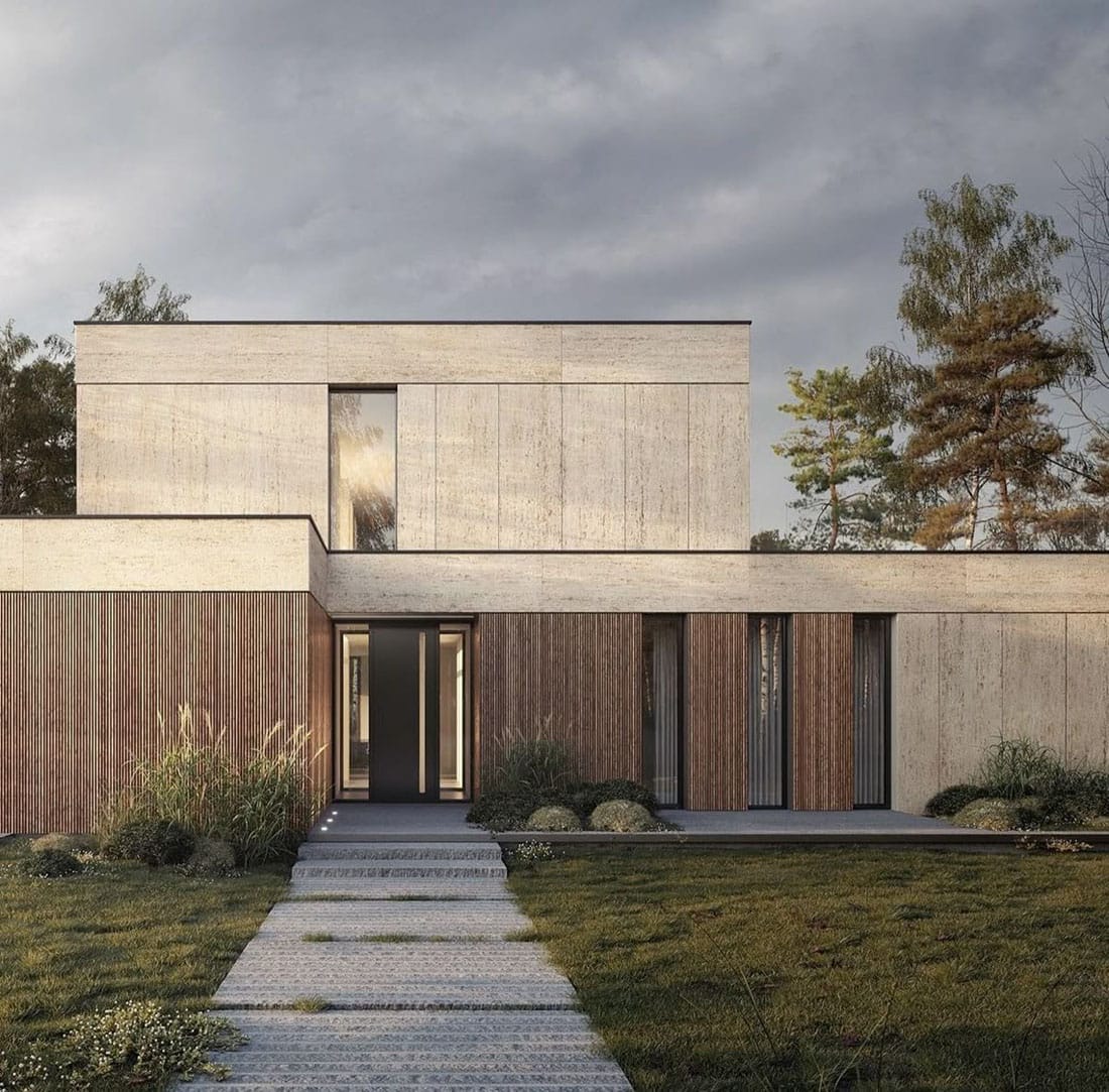 современный фасад дома с плоской крышей - крупноформатные панели из керамогранита под травертин, вертикальные деревянные рейки в заполнении между окнами