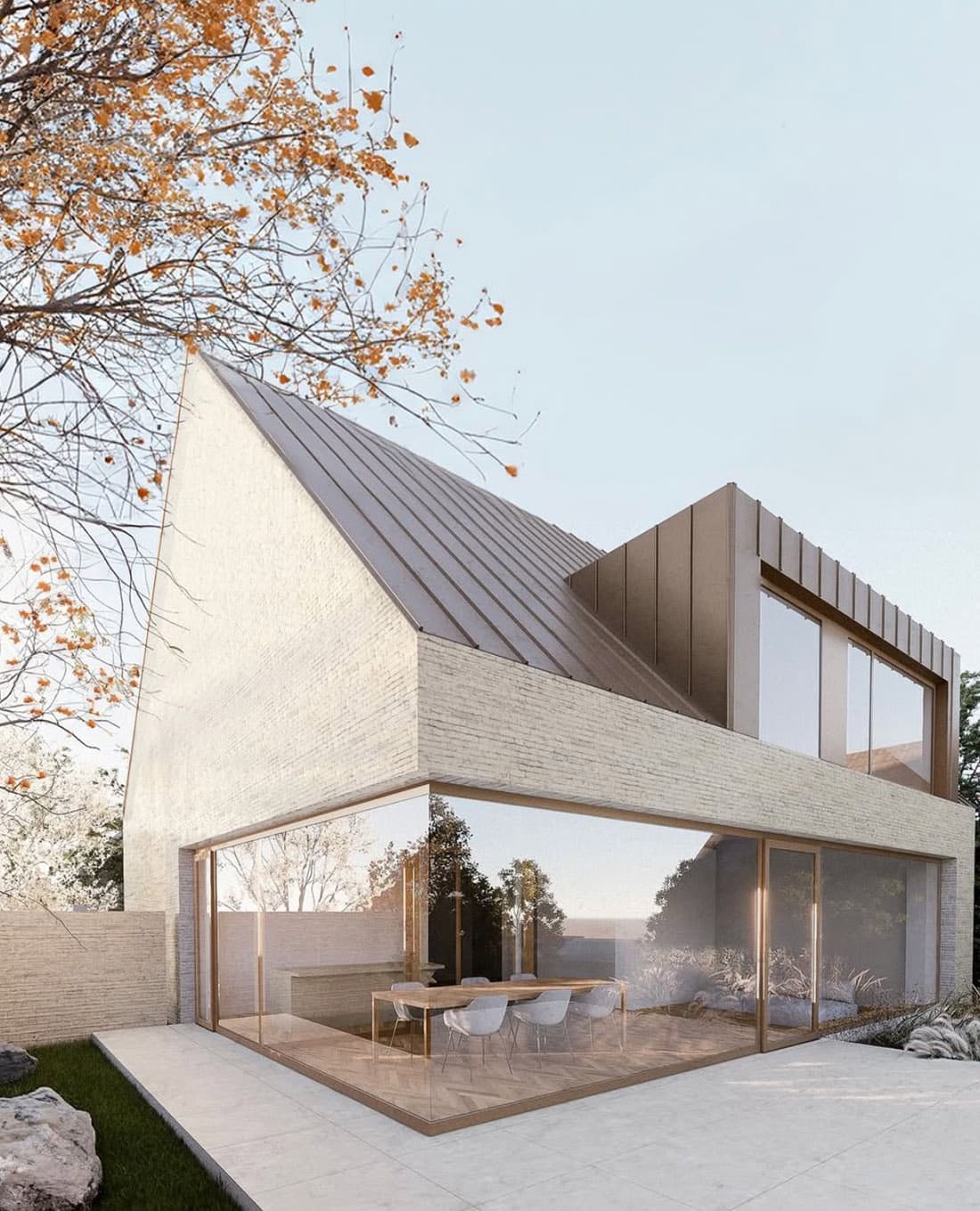 стильный современный клинкерный фасад дома с панорамным остеклением