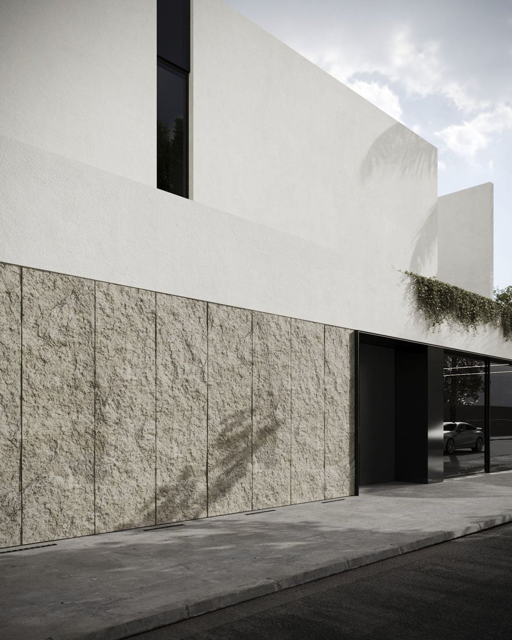 минимализм играет фактурами - грубый рельефный камень в сочетании с нежной гладкой штукатуркой