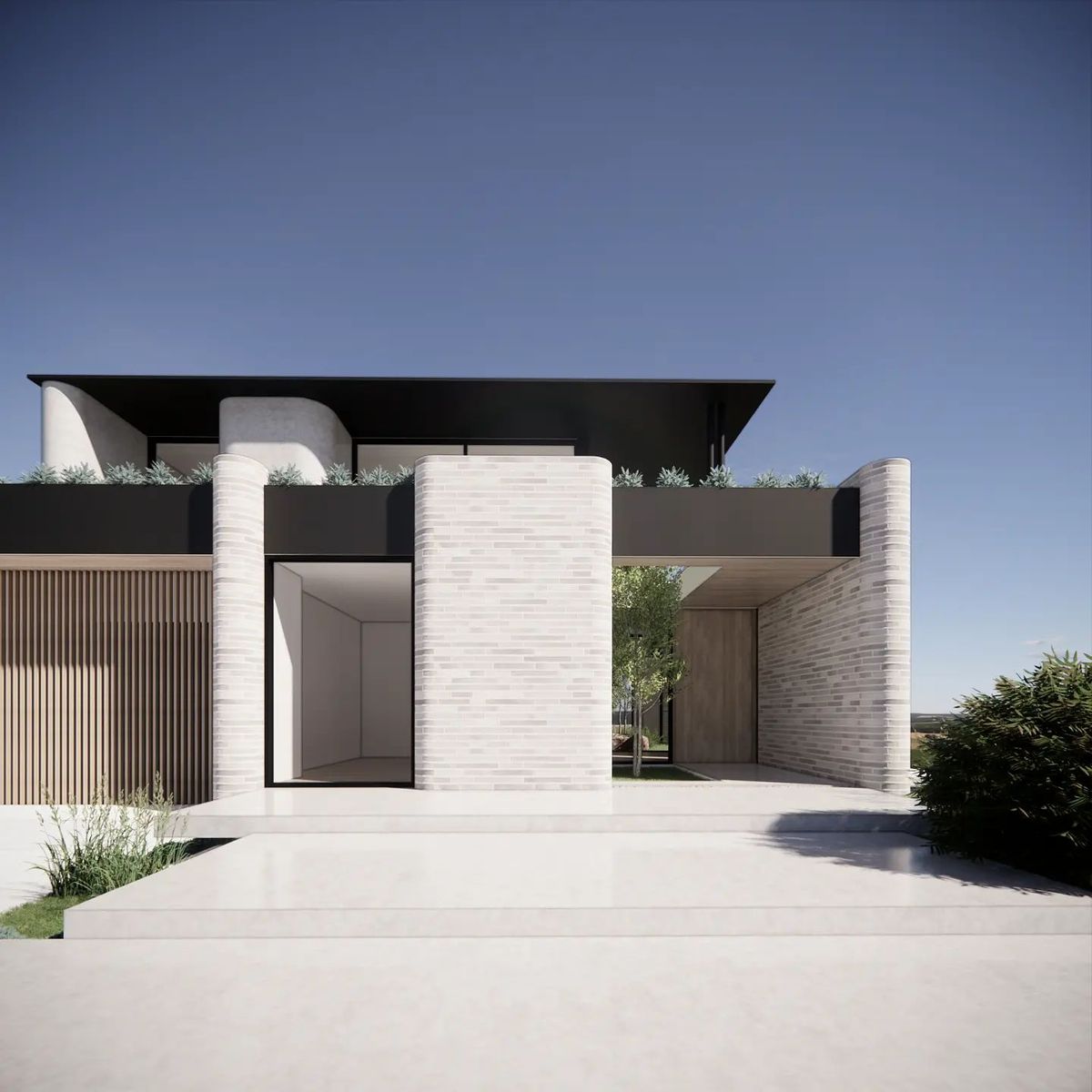 перегородка из вертикальных изящных реек, графитовые акценты горизонталей крыш и белый клинкер