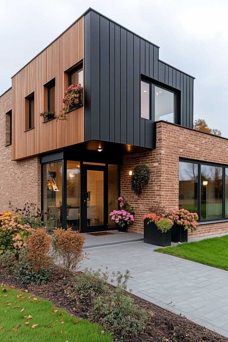 современный двухэтажный кирпичный дом с плоской крышей в минималистичном стиле - акцентная отделка деревянным вертикальным планкеном и алюминиевыми панелями и окнами цвета графит