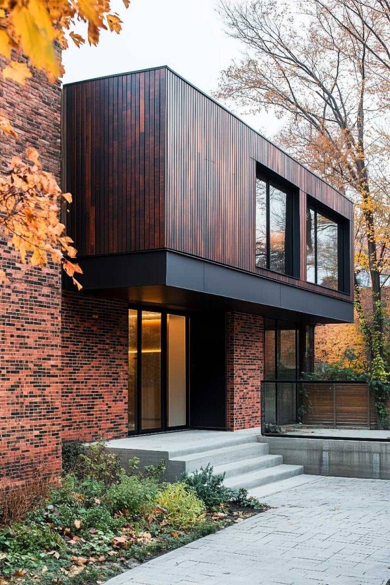 этот современный и уютный небольшой дом являет собой пример стильного сочетания отделки деревом винного цвета с пестрой клинкерной плитикой под кирпич