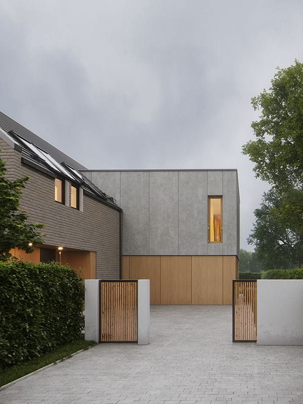 современный стиль фасадов это также и использование керамогранита крупного формата - как пример, этот частный дом с комбинированными крышами - плоской и скатной классической