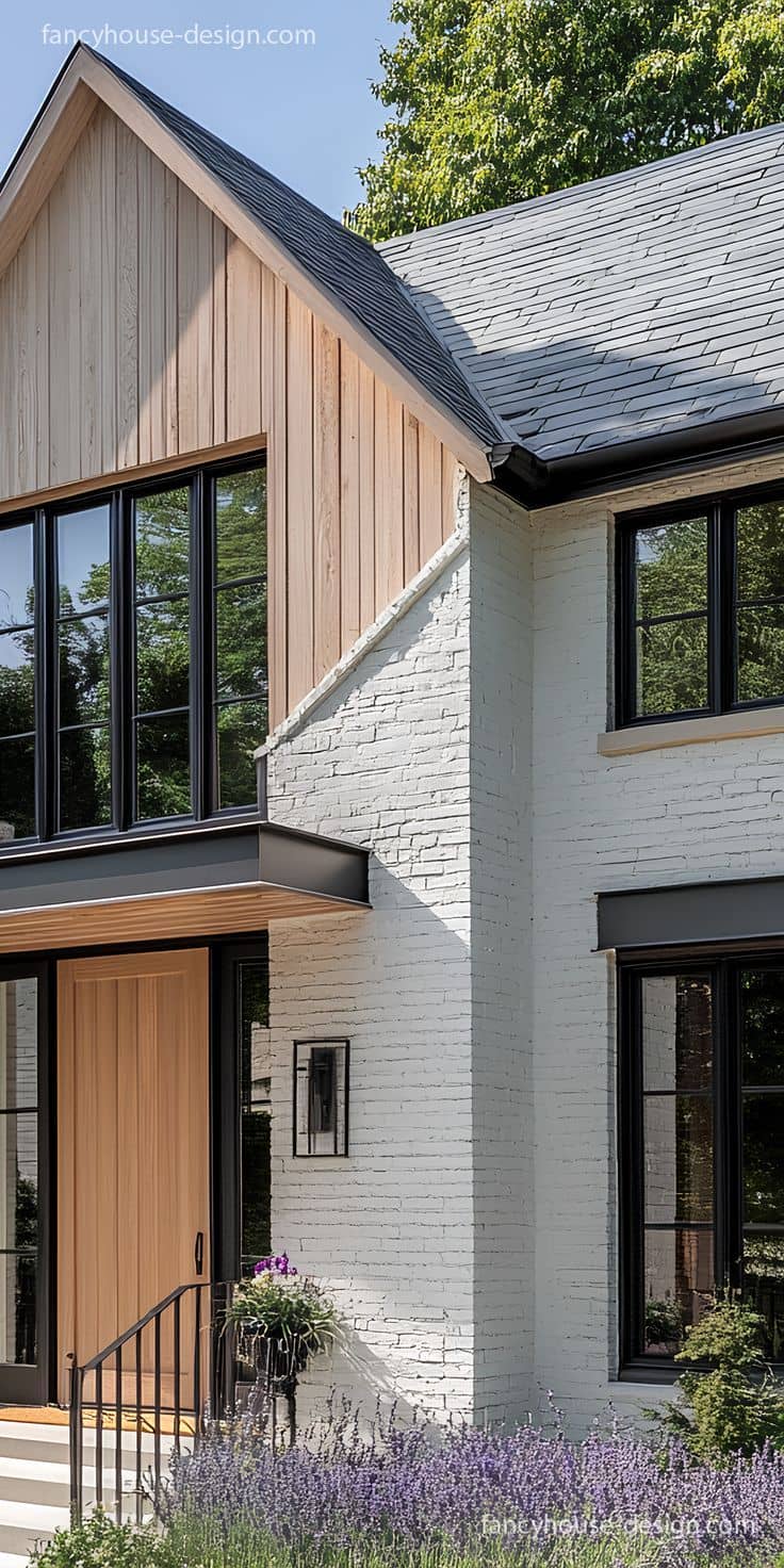 современный прием в переходе отделочных материалов на входной группе классического частного дома