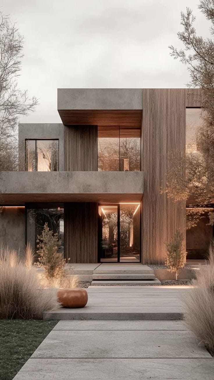 теплая гамма фасадов дома в камне с плоской крышей