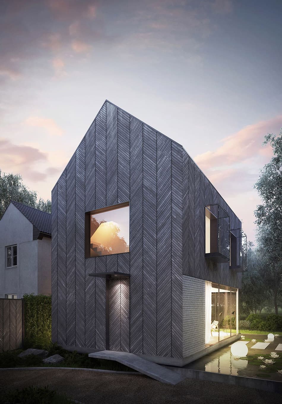 современный частный дом в стиле барн - изящная отделка елочкой досками серого цвета из лиственницы