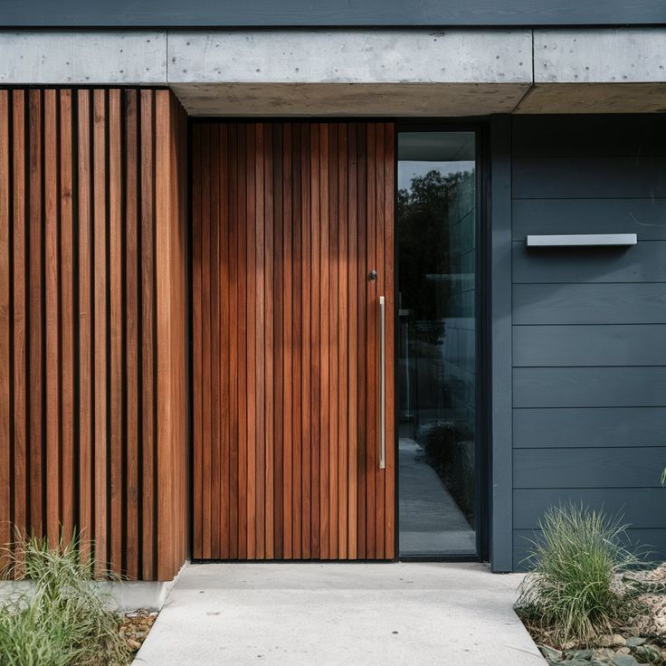 дизайн современной входной группы загородного дома - деревянные вертикальные рейки яркого цвета, бетон и фиброцементный сайдинг темно-серого мышиного цвета
