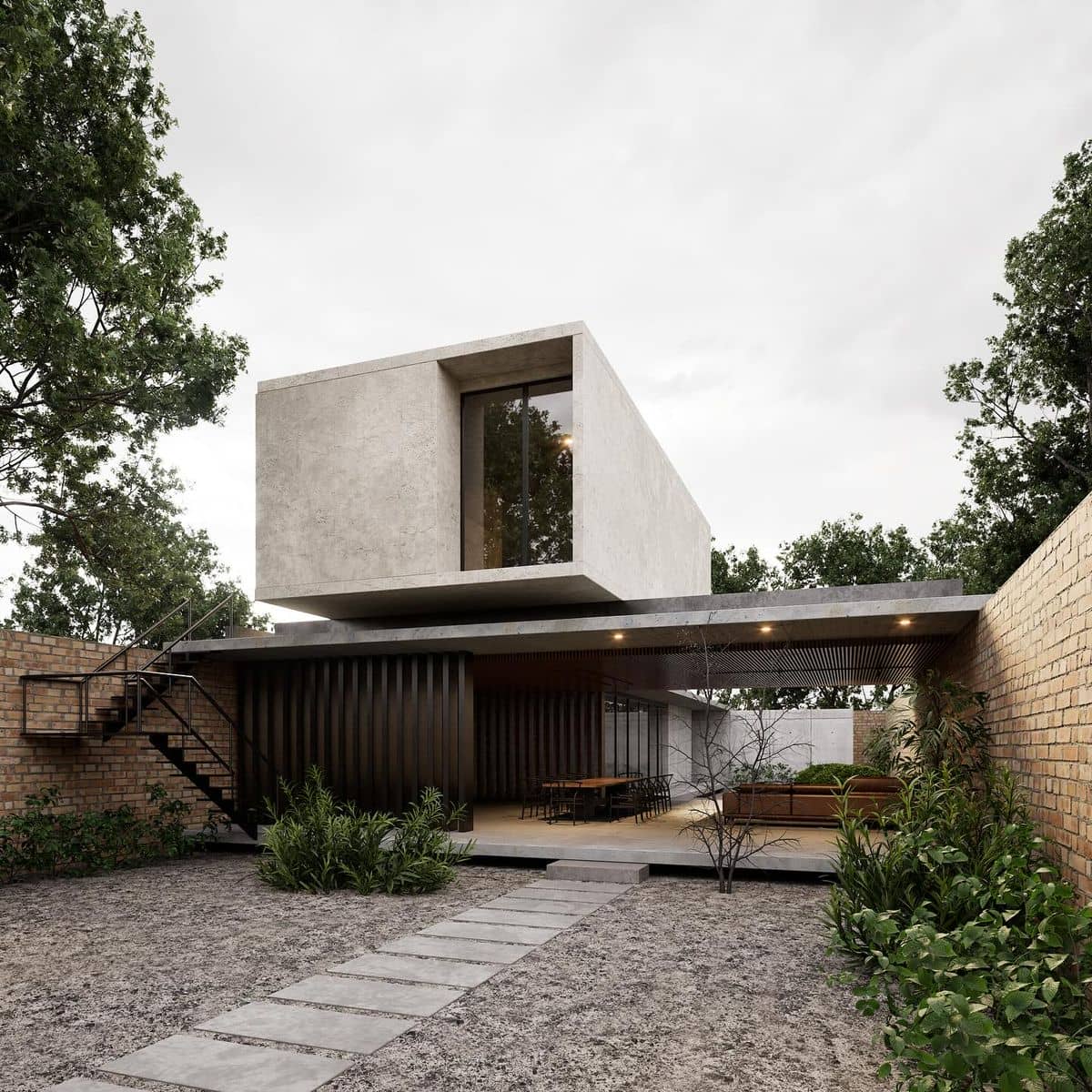 светлый штукатурный фасад дома в современном стиле - этот стильный дизайн сочетает в себе штукатурку, бетон и реечные алюминиевые ламели