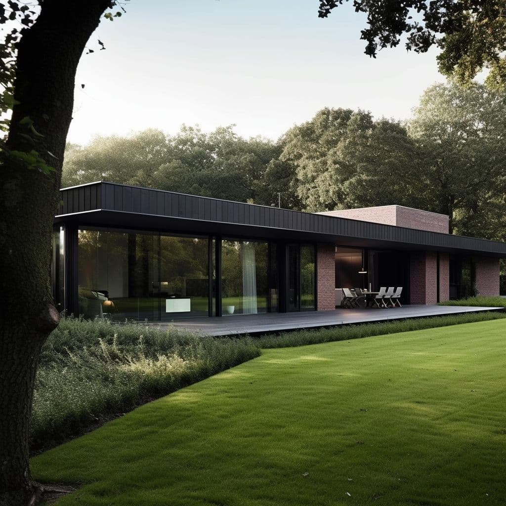 клинкерный фасад стильного современного одноэтажного дома с панорамным остеклением и деревянной отделкой кровельного фриза