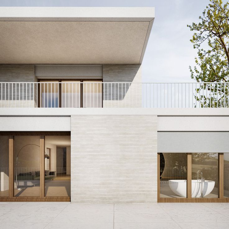 фиброцементные линеарные панели и штукатурка молочного цвета в сочетании с теплым цветом оконных рам как пример современного фасада для любителей мягких акцентов