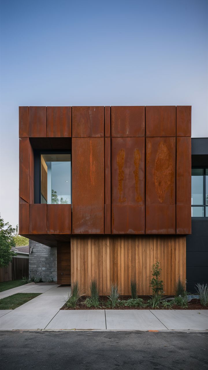 современный двухуровневый фасад дома - металлические панели в стиле гранж, вертикальные доски золотистого оттенка в сочетании с серым камнем создают яркий и смелый образ