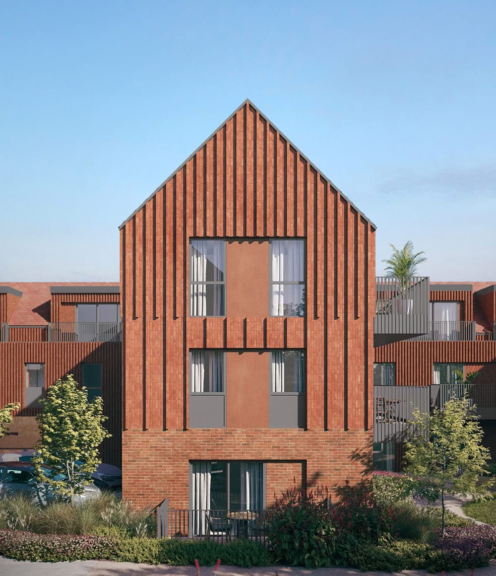 симметричный фасад трехэтажного кирпичного дома в современном стиле - объемная 3D кладка в сочетании с терракотовой штукатуркой