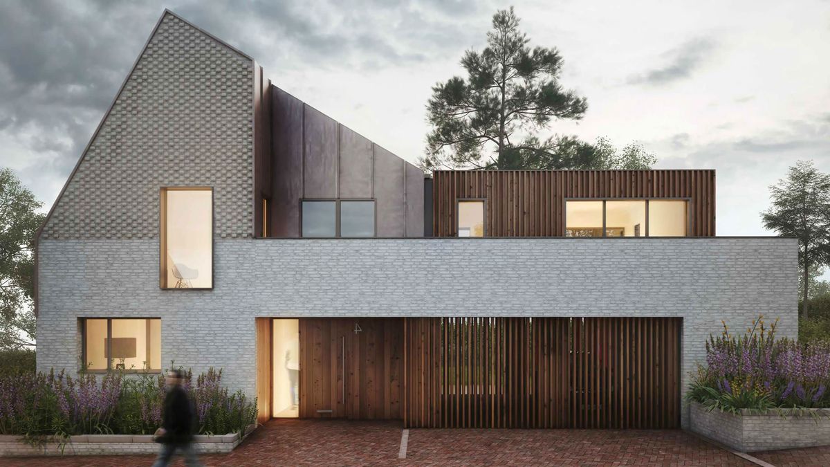 современный двухуровневый дом для любителей авангардных фасадов - широкий портал входной группы из клинкера, ассиметричный фронтон с объемной кирпичной кладкой, металлический фальц и вертикальная рейка гармонично составили композицию фасада данного дома