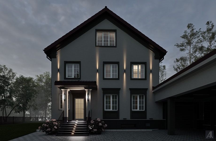 согласованный вариант фасадов и подсветки двухэтажного дома в городе чехов