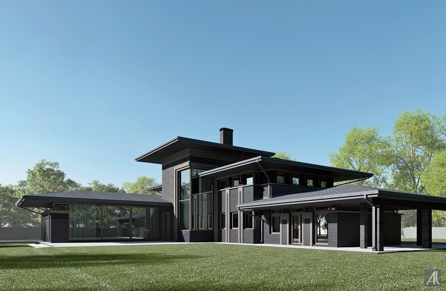 дизайн отделки фасадов двухэтажного дома в стиле Райта. КП Мещерское Полесье