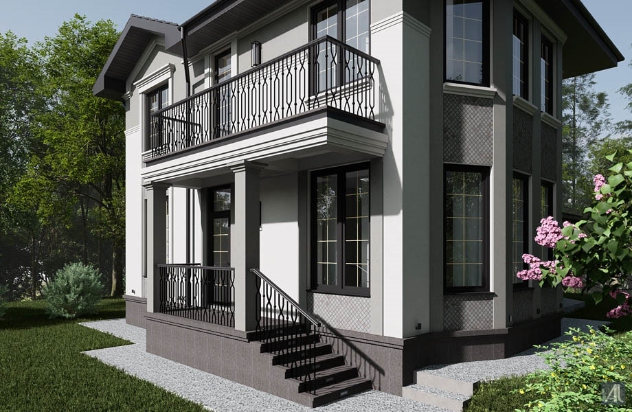 дизайн в классическом стиле двухэтажного дома из газобетона