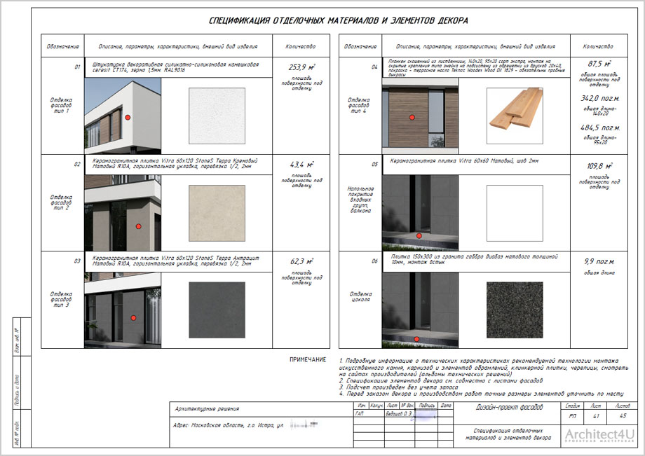 лист из рабочего дизайн проекта фасадов современного дома - ведомости отделочных материалов