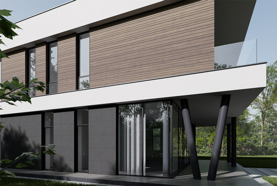 современный фасад с применением разноширокого планкена, штукатурки и керамогранита