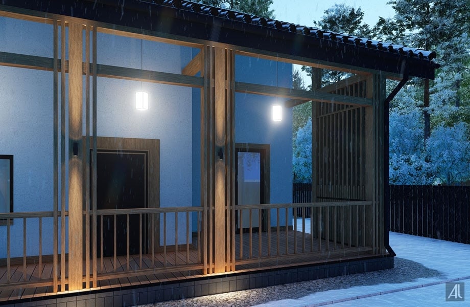 фасадное освещение дома в холодном цвете