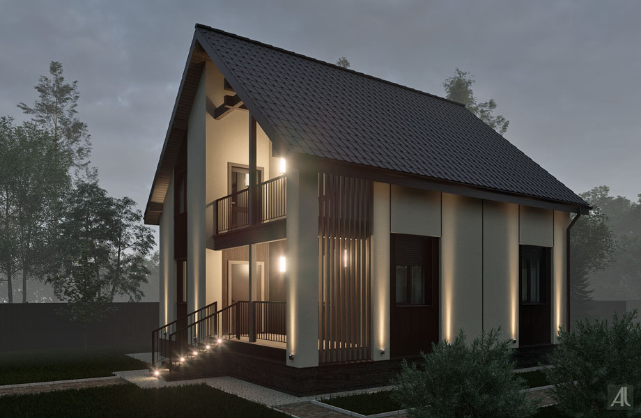 визуализация из проекта фасадного освещения деревянного дома