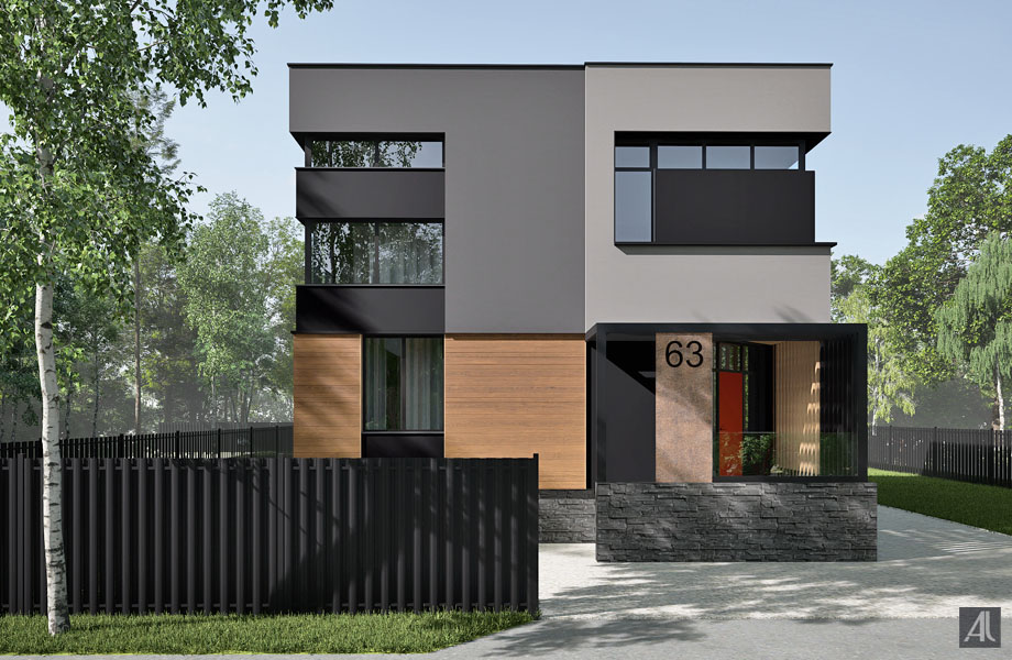 современный дизайн фасада кирпичного двухэтажного коттеджа в Омске