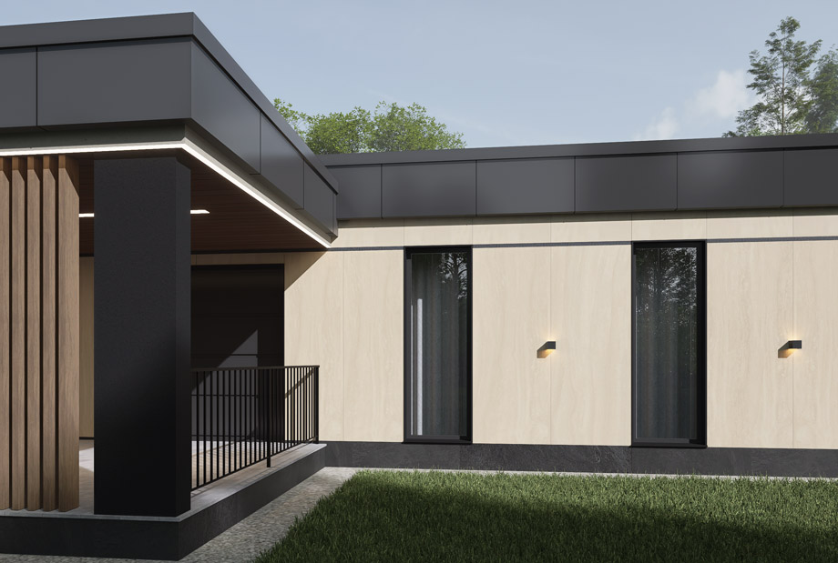 в дизайне фасада этого дома мы использовали керамогранит, сланец, алюминиевые панели