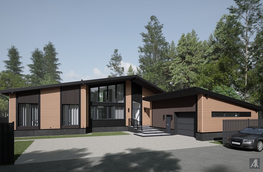 дизайн фасада одноэтажного частного дома с гаражом в современном стиле