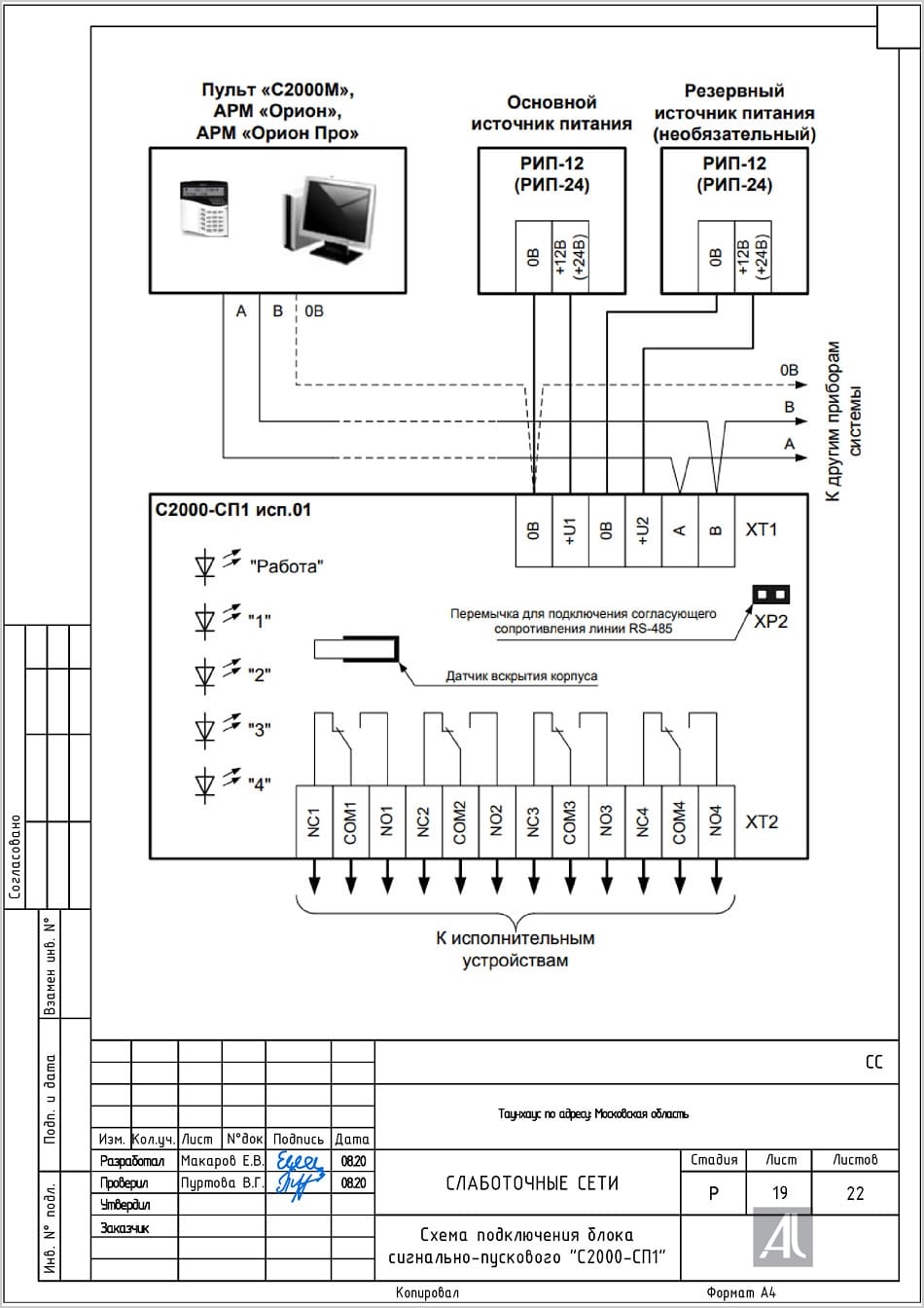 Схема подключения блока сигнально-пускового С2000-СП1 Схема подключения блока сигнально-пускового С2000-СП1