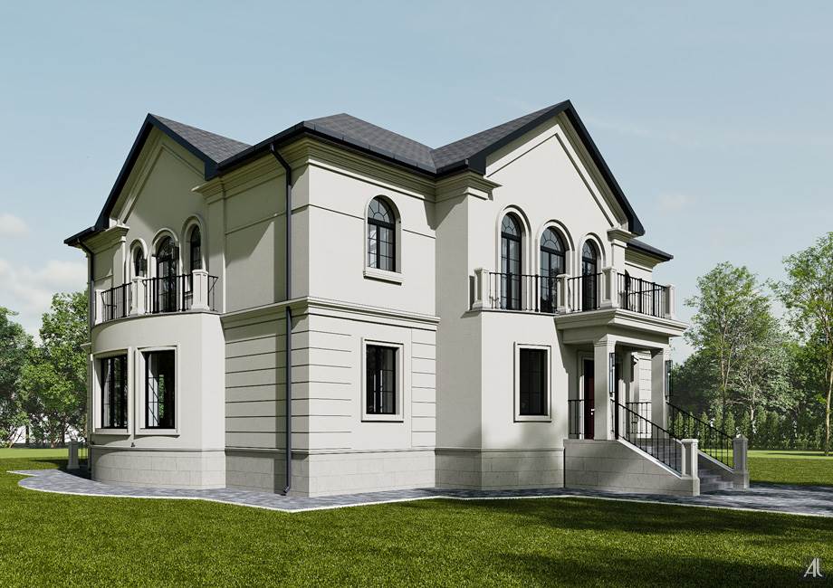 дизайн фасадов двухэтажного каменного дома в стиле минималистичной классики в КП Онегино