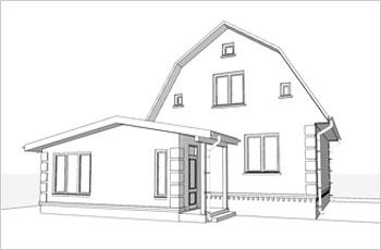 Задний фасад дома с пристройкой