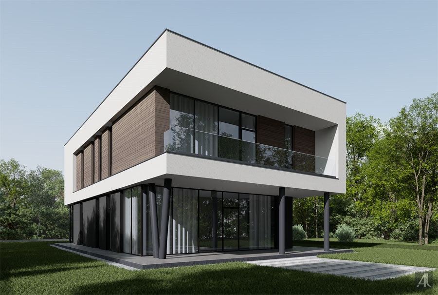 пример проектирования дизайна фасада современного двухэтажного дома. Новая Москва