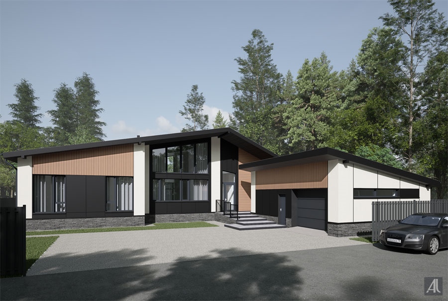 разработка дизайна фасада одноэтажного дома с гаражом в свердловской области