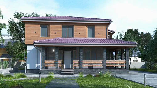 Комбинированный фасад деревянного каркасного дома