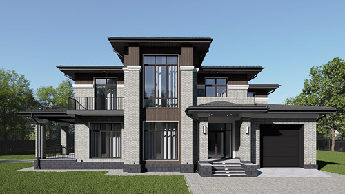 Кирпичный фасад дома в 2 этажа в стиле Райта - дизайн отделки