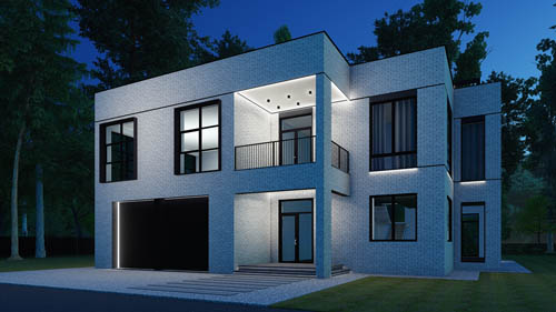 Клинкерный фасад частного двухэтажного дома в современном стиле в светло-серых тонах