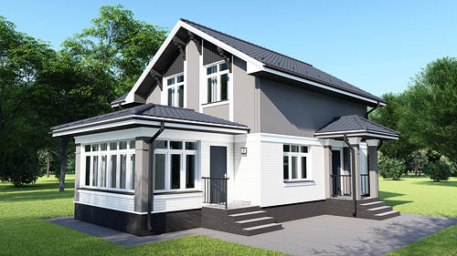 Комбинированный дизайн фасада двухэтажного дома из газобетонных блоков