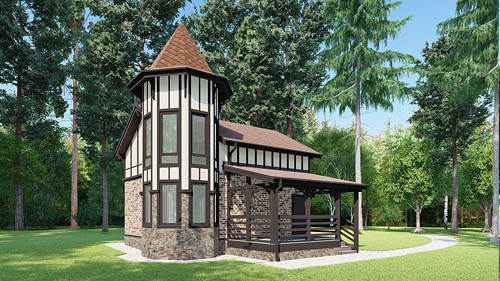 Комбинированный дизайн фасада двухэтажного каркасного деревянного дома в стиле сказачной готики