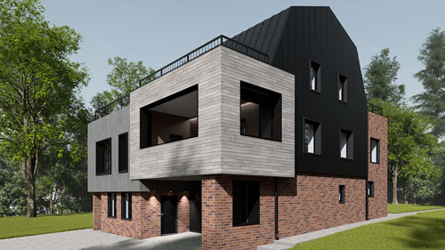 Комбинированный фасад частного кирпичного дома в современном стиле отделки с использованием фальца