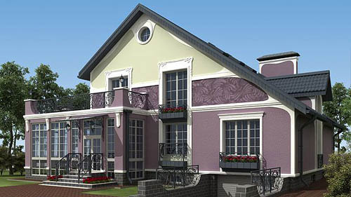 Штукатурный фасад коттеджа с отделкой в стиле модерн (ар-нуво) в Московской области