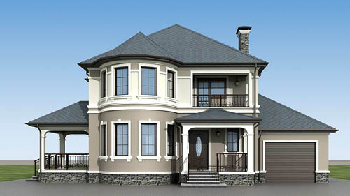 Штукатурный фасад двухэтажного дома из газобетона в классическом стиле с кровлей из гибкой битумной черепицы