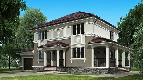 Штукатурный фасад двухэтажного коттеджа в классическом стиле