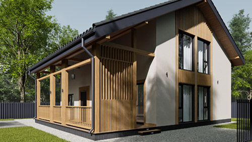 Штукатурный фасад частного жилого дома с элементами фахверк