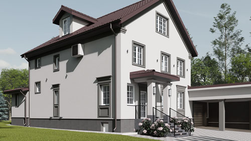 Штукатурный фасад трехэтажного частного дома в классическом стиле